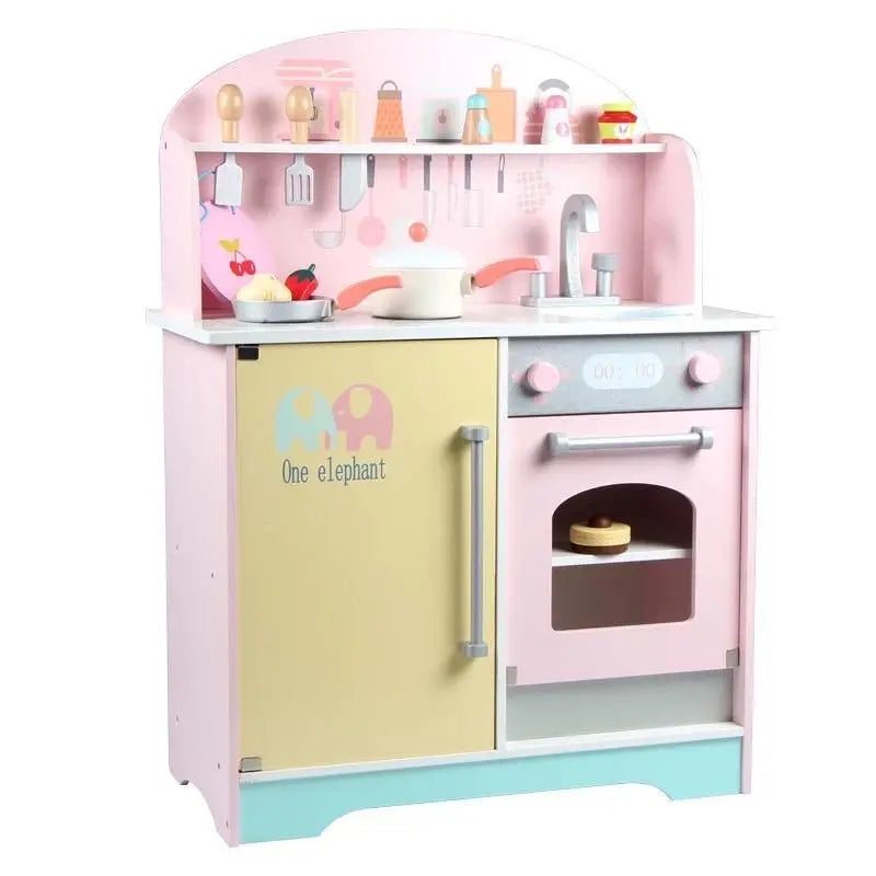 Pink wooden store cooking set