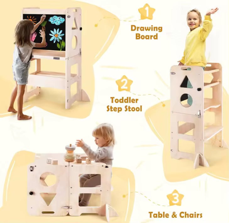 3-in-1 Montessori Kitchen Helper Tower with Blackboard | Foldable Todd ...