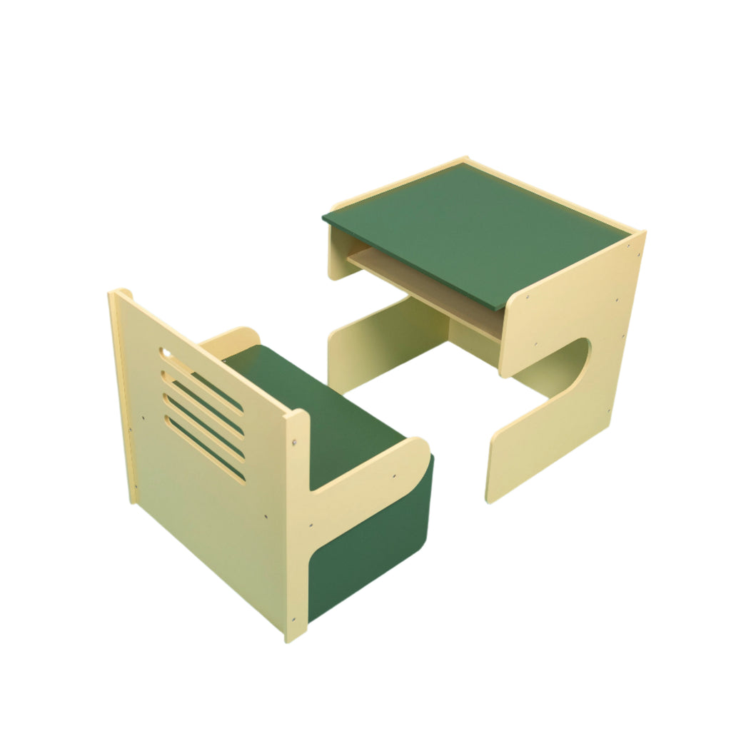 Children's desk and chair set with green top and beige sides on a light blue background