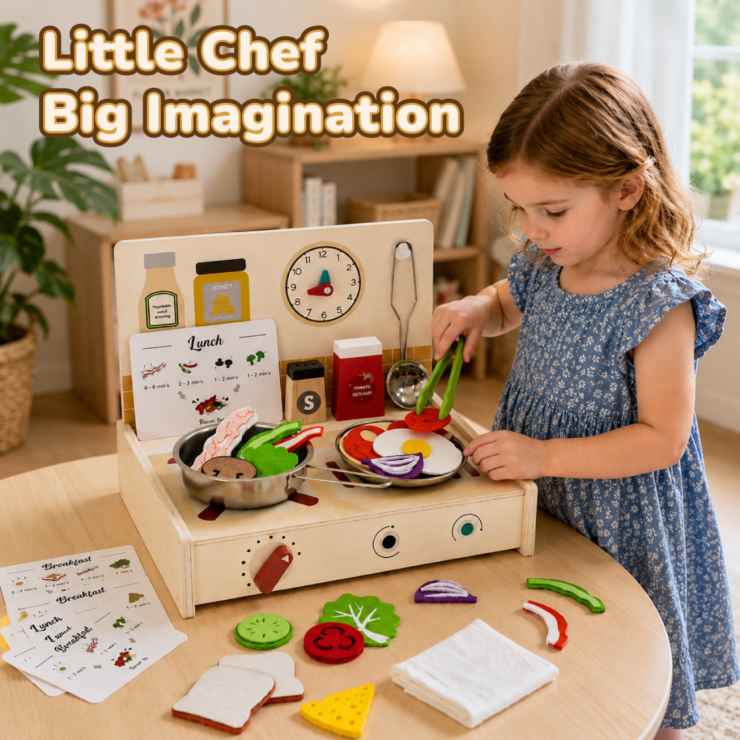 Montessori Wooden Kitchen Play Set for Kids with Felt Food & Cooking C ...