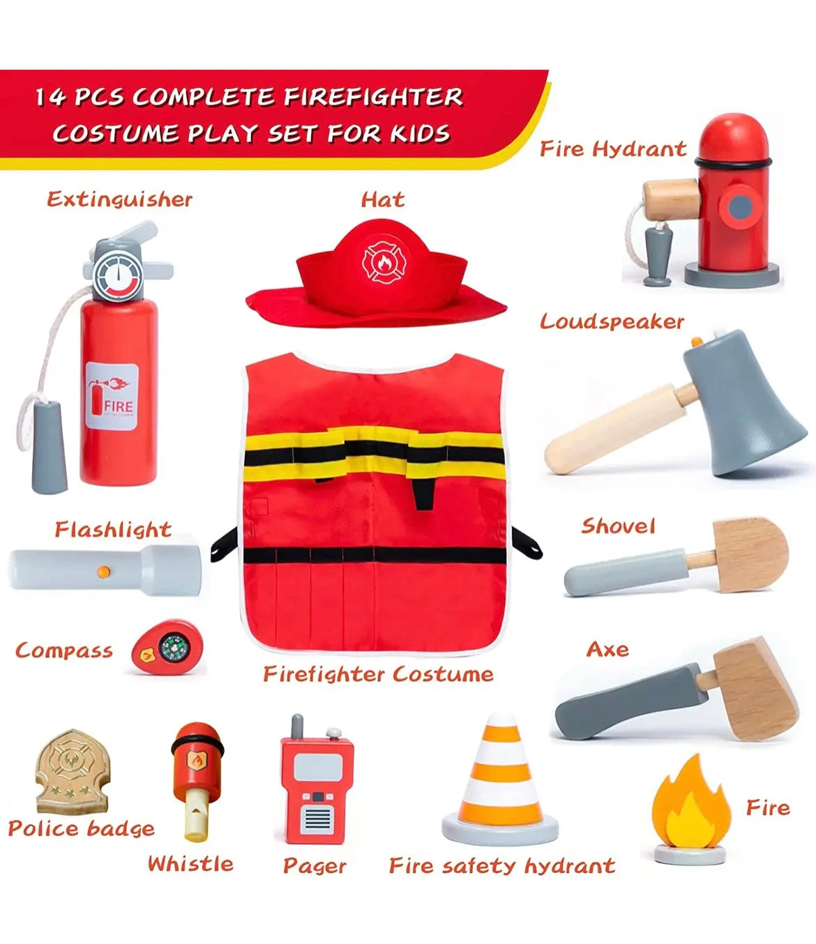 Wooden Firefighter Costume Fireman Dress Up playset - Eduspark Toys Wooden Firefighter Costume Fireman Dress Up playset - Eduspark Toys