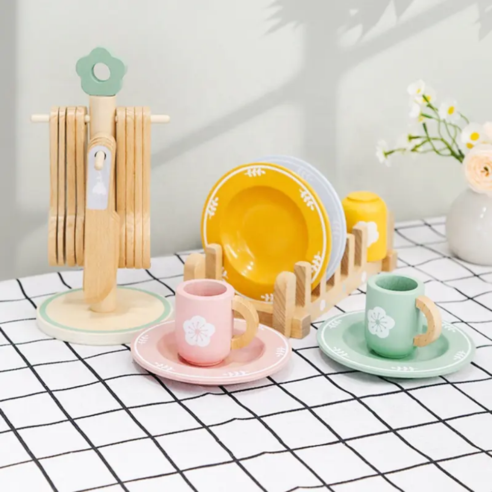 Toy Tableware Wooden Toy - Tableware Set Plates Dishes Color Matching Spoons ...