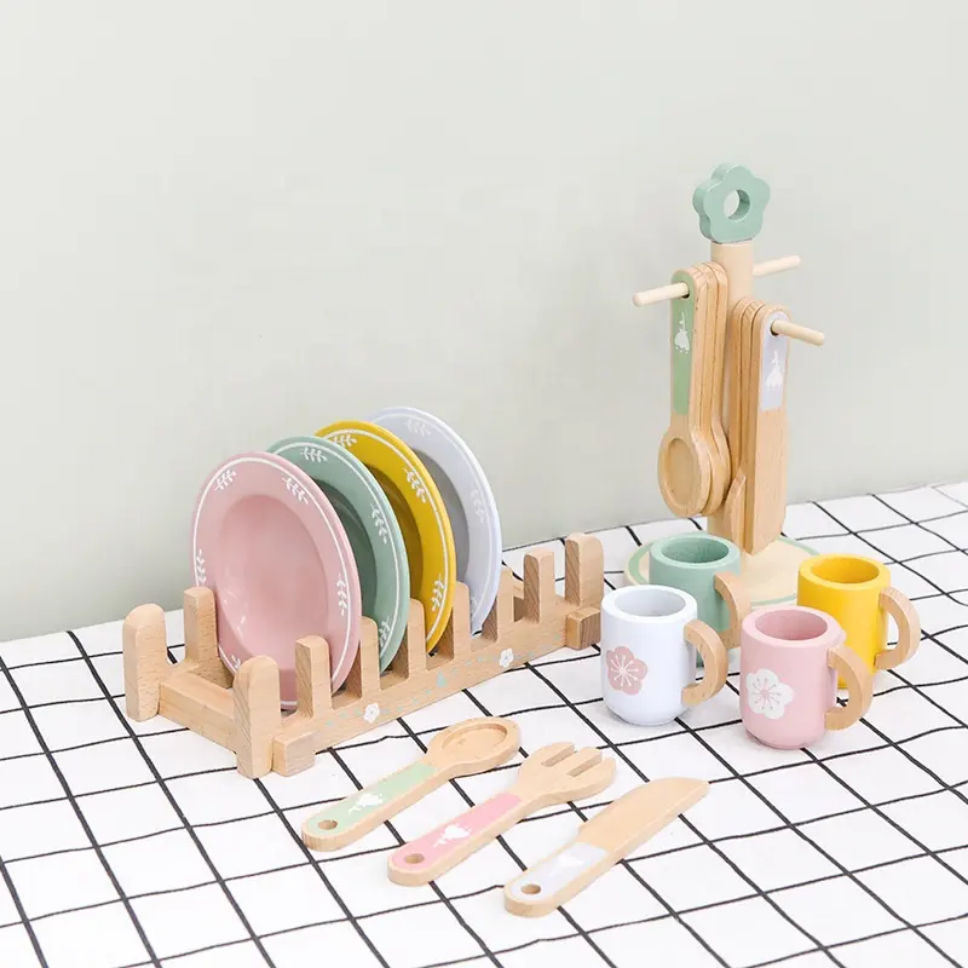 Toy Tableware Wooden Toy - Tableware Set Plates Dishes Color Matching Spoons ...