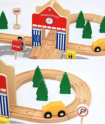 50pcs Hand Crafted Wooden Train Set Loop Railway Track Magnetic Car Model Kids Car Toy Gift