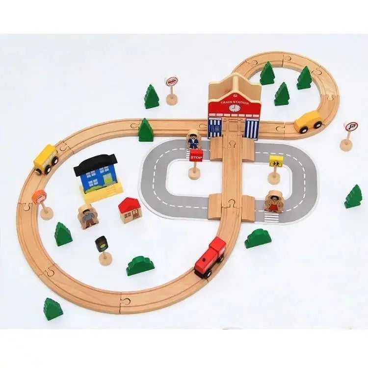 50pcs Hand Crafted Wooden Train Set Loop Railway Track
